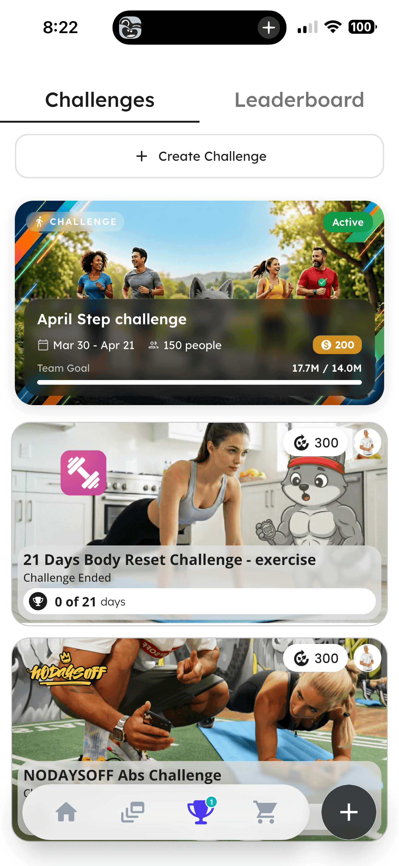 Wulfy challenges screen with April Step Challenge and 21-day Body Reset cards