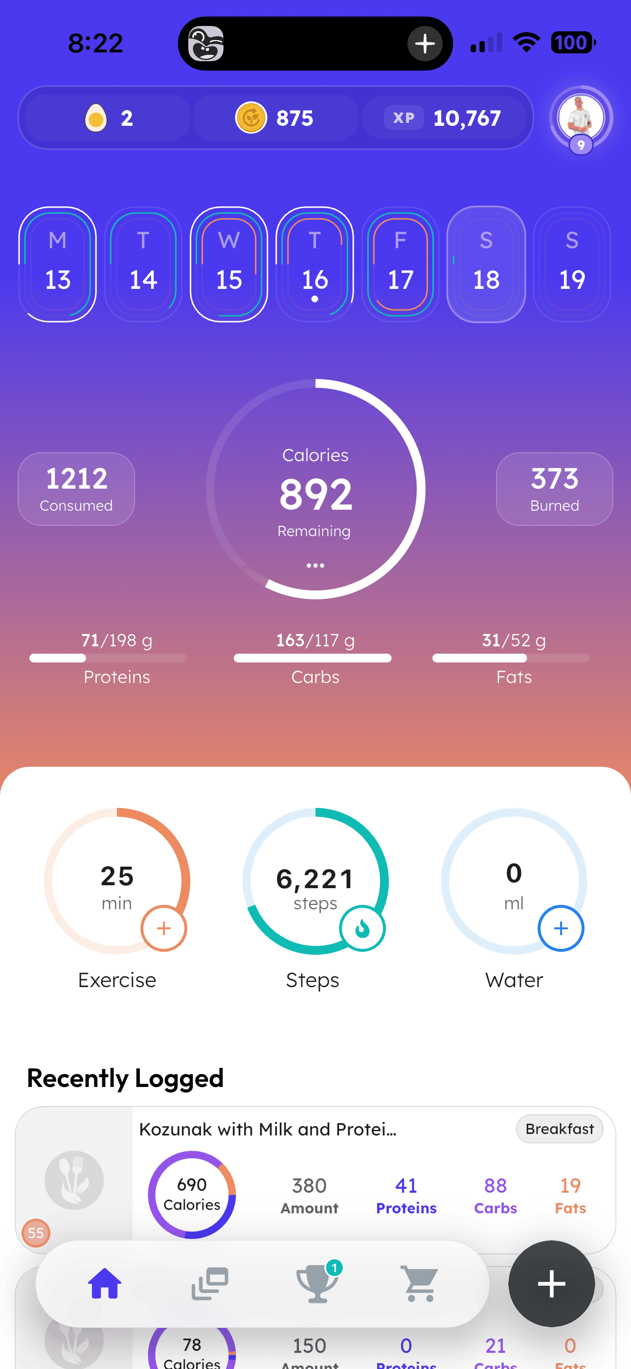 Wulfy home dashboard showing 892 calories remaining and activity rings