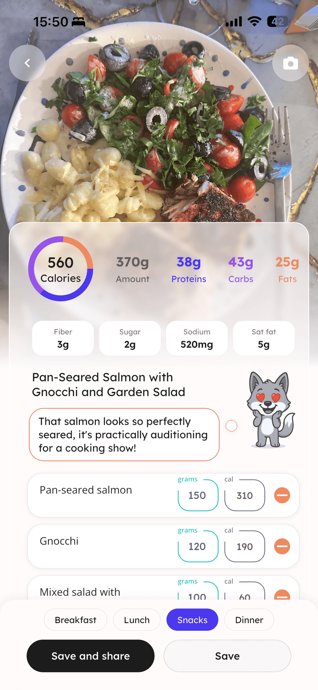 iOS meal scan result with macro ring and Wulfy's compliment