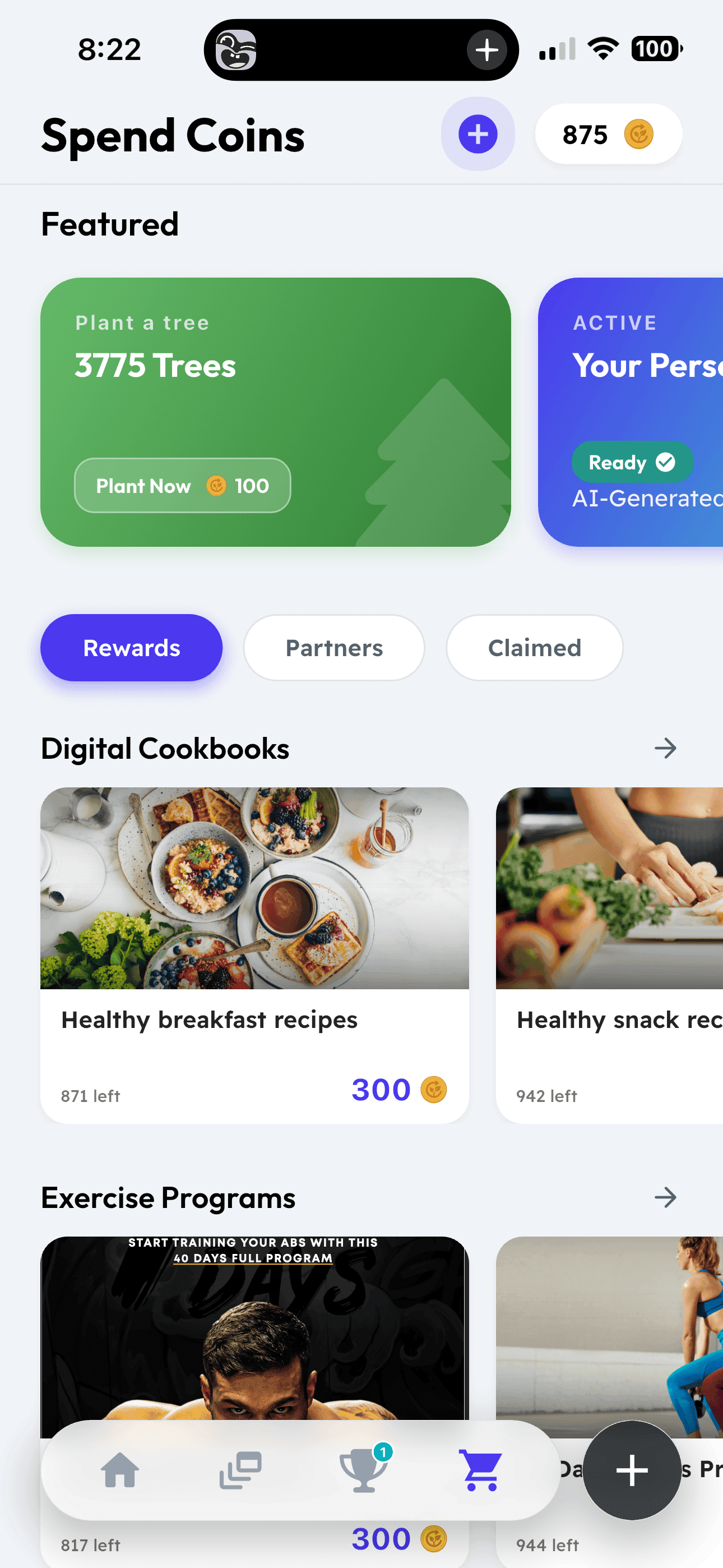 Wulfy spend-coins screen with Plant a Tree, digital cookbooks, and exercise programs