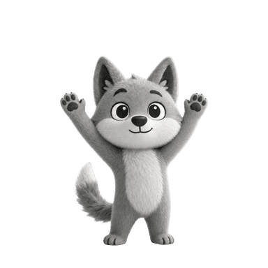 Wulfy celebrating with paws raised and confetti