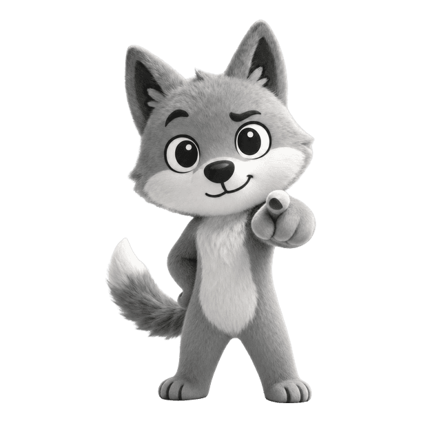 Wulfy, the H4W wolf cub mascot, standing with arms crossed and a confident smile
