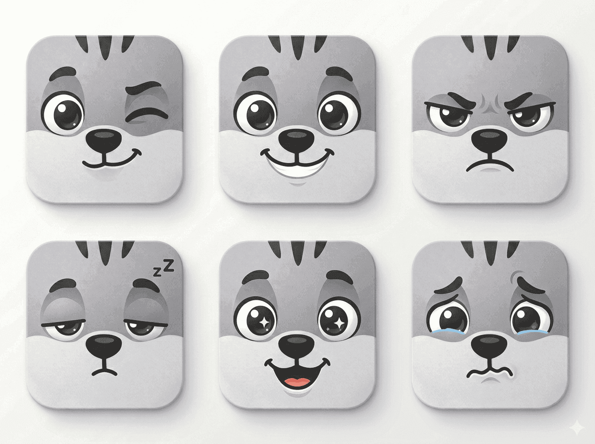 Six Wulfy face expressions: winking, smiling, angry, sleeping, happy with tongue, sad