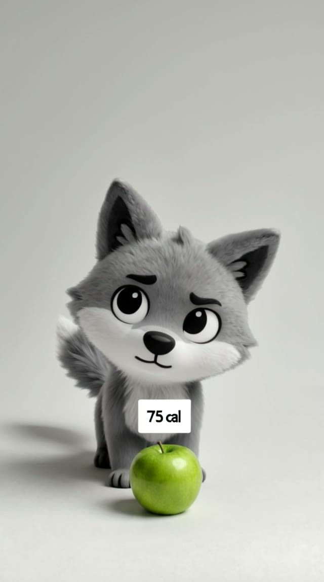 Wulfy looking at a green apple with a '75 cal' nutrition tag