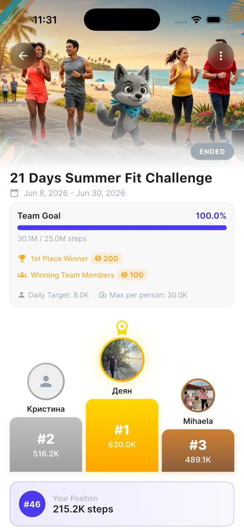 A 21-day summer step challenge in H4W — team goal at 100%, cash prizes and a live leaderboard