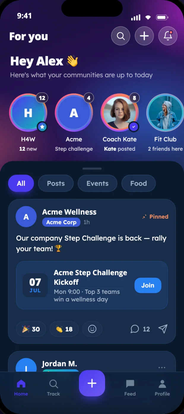Your H4W communities as circles — H4W, your company, a creator and your friends