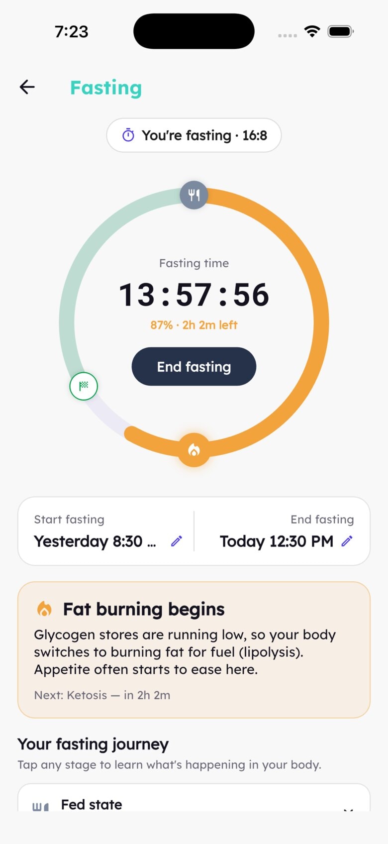 The H4W fasting tracker — a live 16:8 window with the fat-burning stage